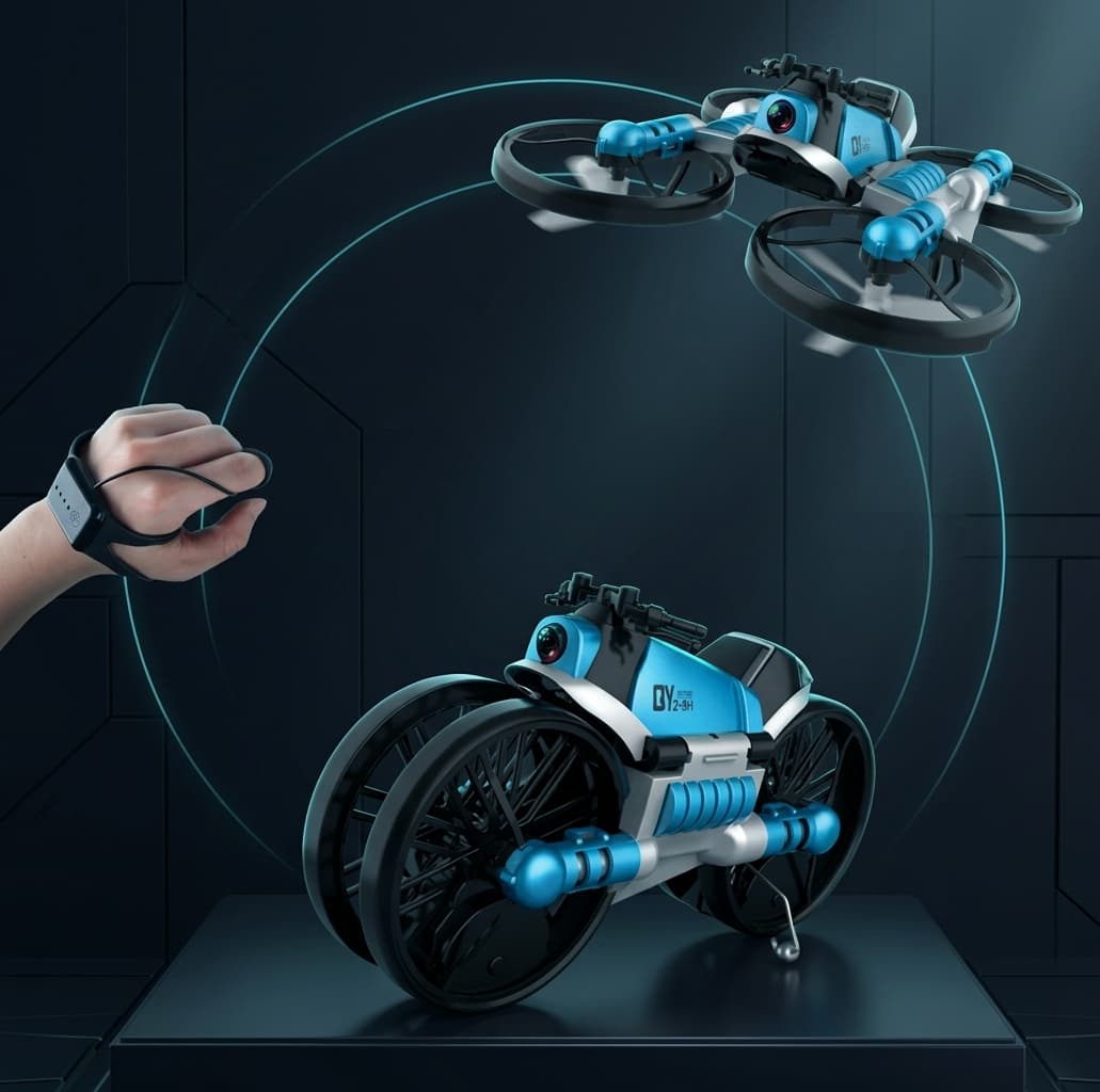 Igračka Firefly koja se transformiše iz motocikla u dron, sa narukvicom za upravljanje