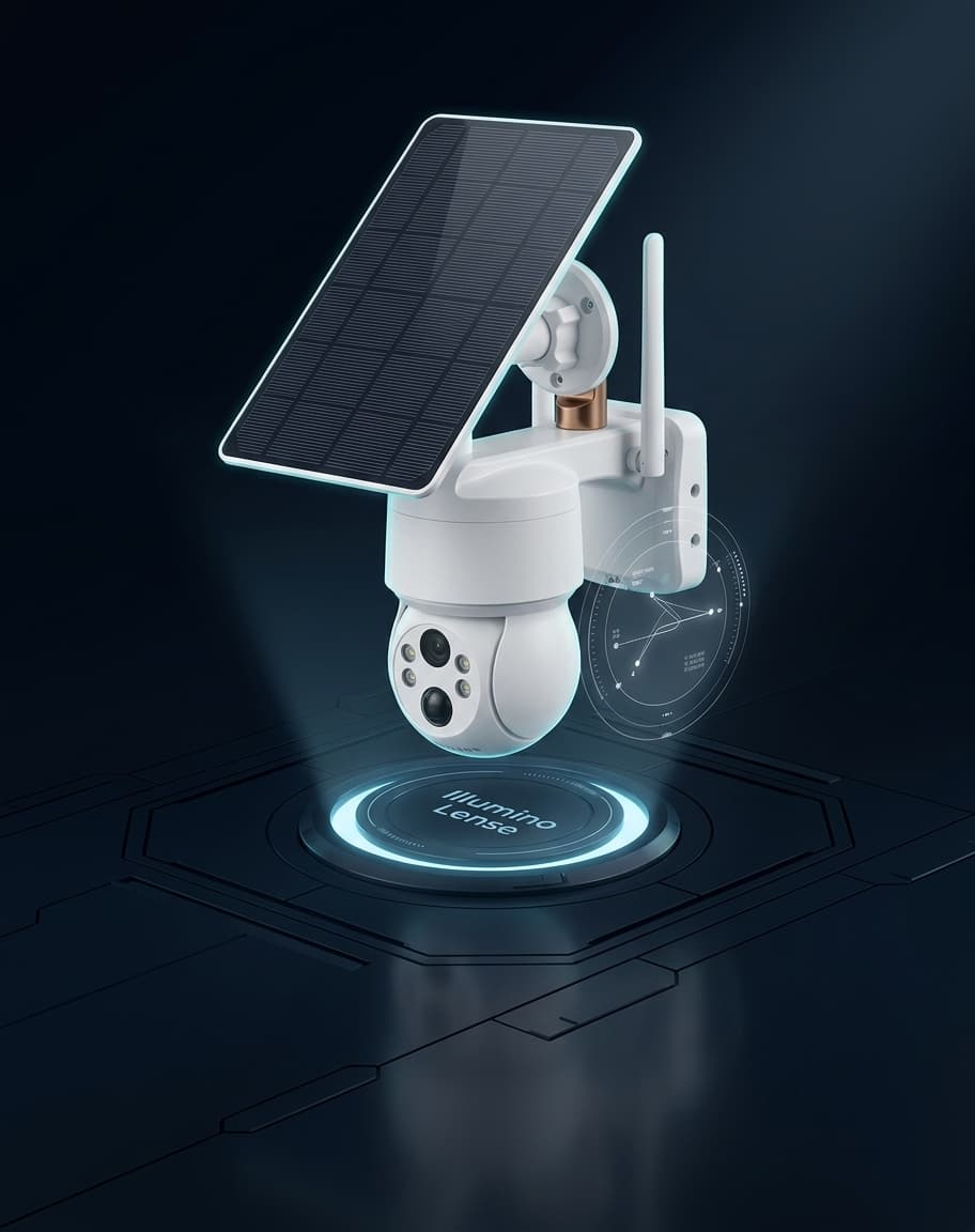 Solarna WiFi kamera BS-H9015 sa solarnim panelom, prikazana u premium studijskom ambijentu