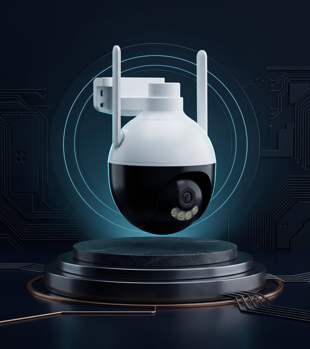 Bela WiFi PTZ kamera sa dve antene, LED reflektorima oko objektiva i zidnim nosačem