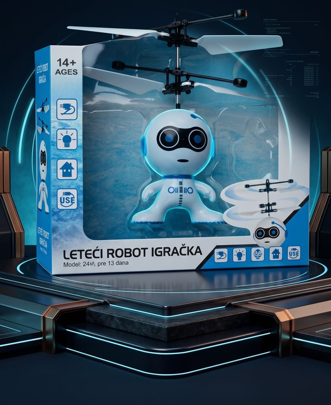 Leteći robot igračka sa propelerima i LED osvetljenjem, prikazan uz originalnu kutiju