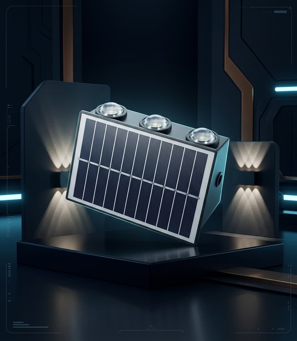 Solarna zidna lampa sa tri LED sijalice, montirana na zid